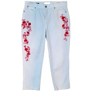 Talbots cotton blend floral red embroidered stretchy cropped white denim jeans 8